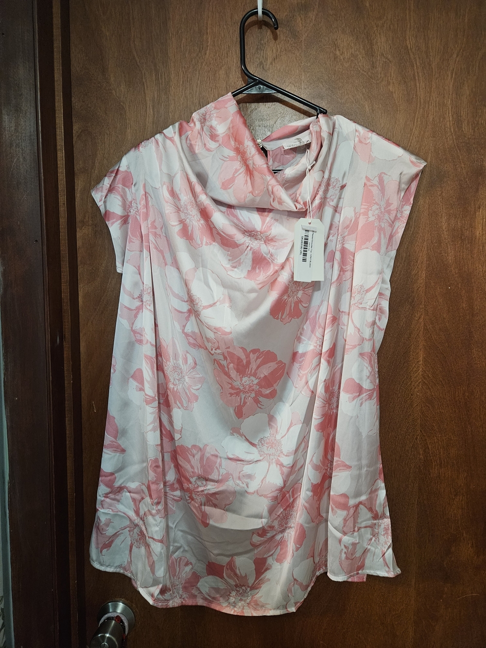 Pink Floral Cowl-Neck Tunic Top in White
